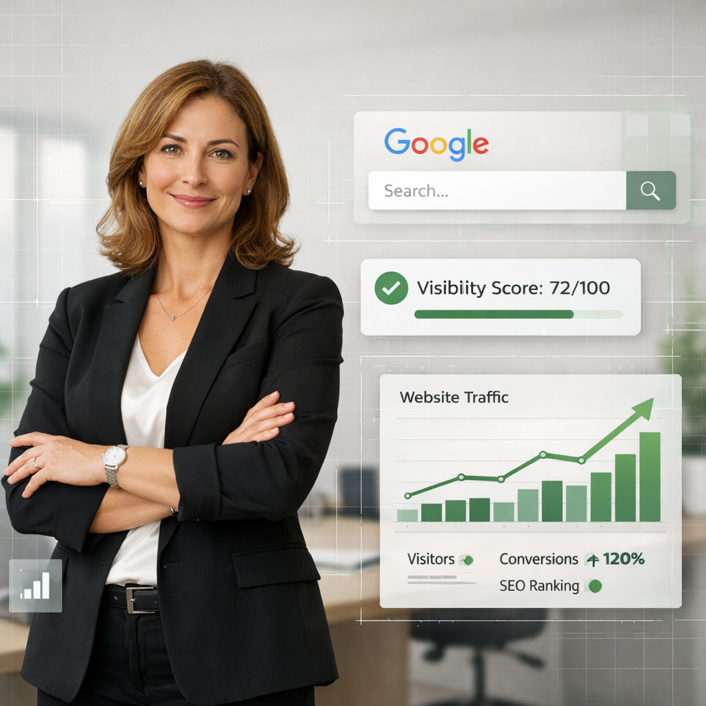 Confident Businesswoman with Digital Metrics in Modern Office